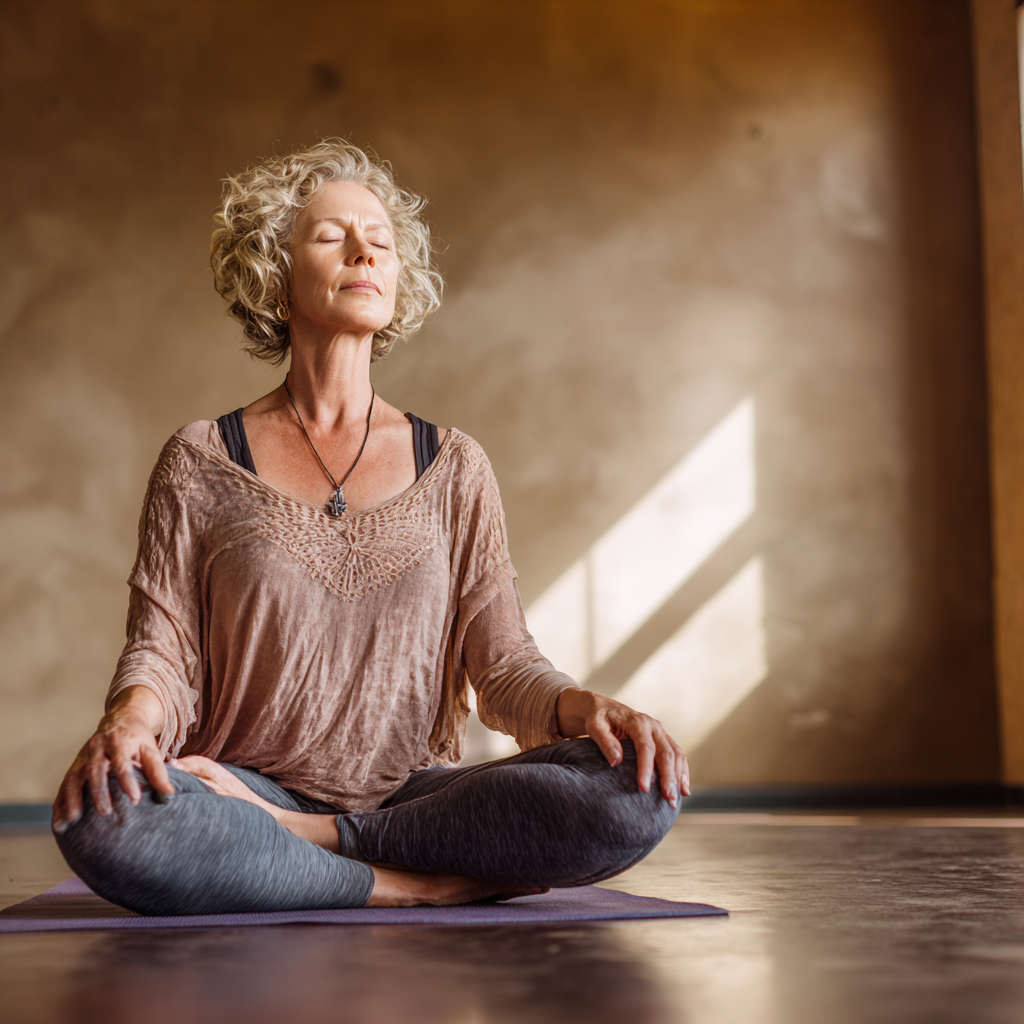 Middle-aged woman practicing gentle yoga in peaceful studio setting